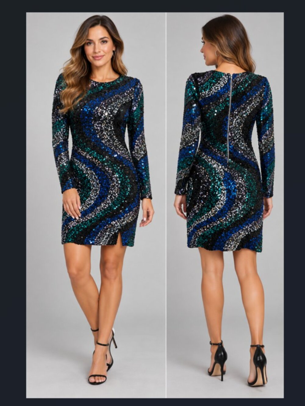 NWT Intempo Sequin Small Black Blue Green Silver Long Sleeve Party Dress